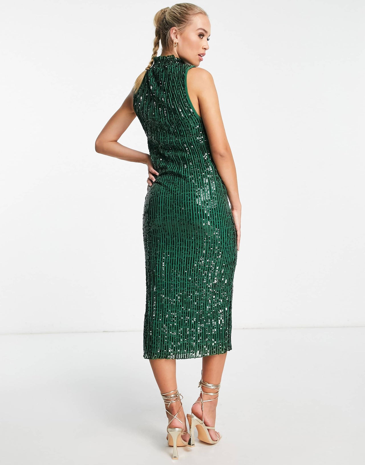 ASOS DESIGN high neck embellished midi dress in plisse sequin in forest green
