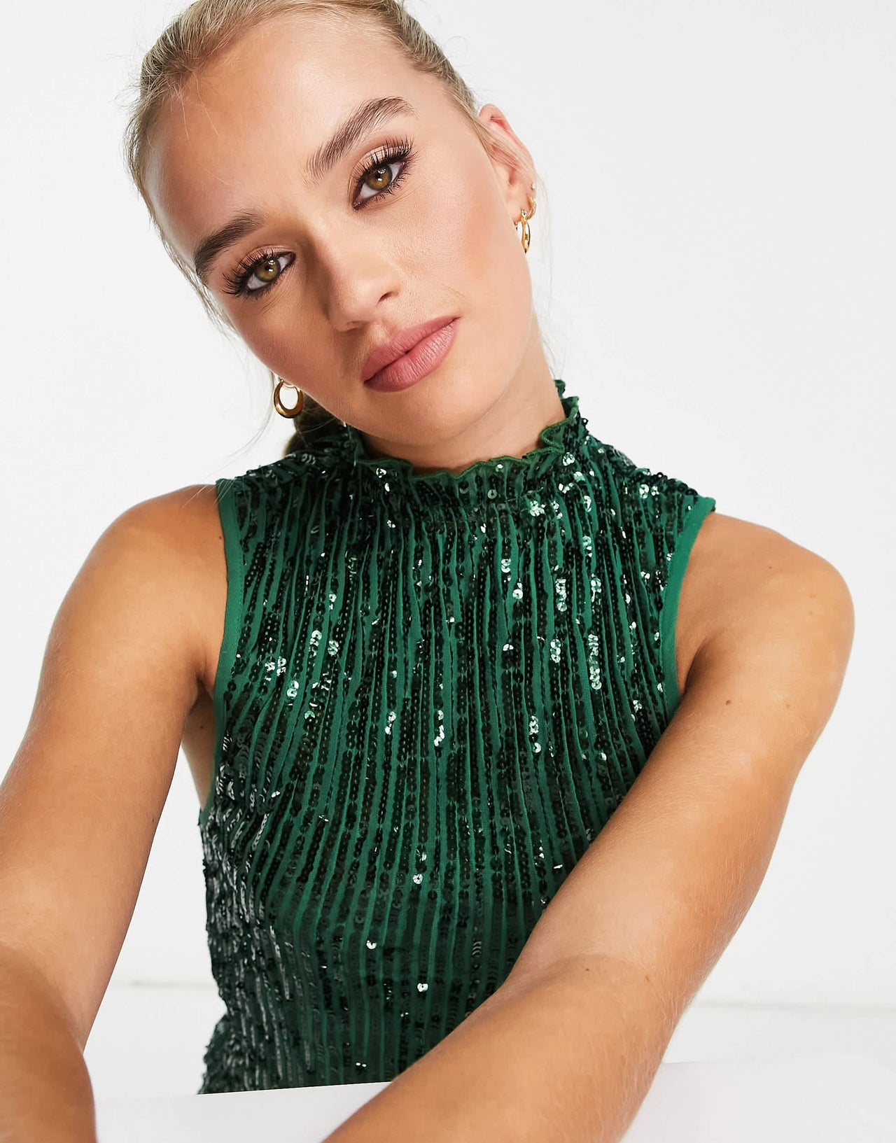 ASOS DESIGN high neck embellished midi dress in plisse sequin in forest green