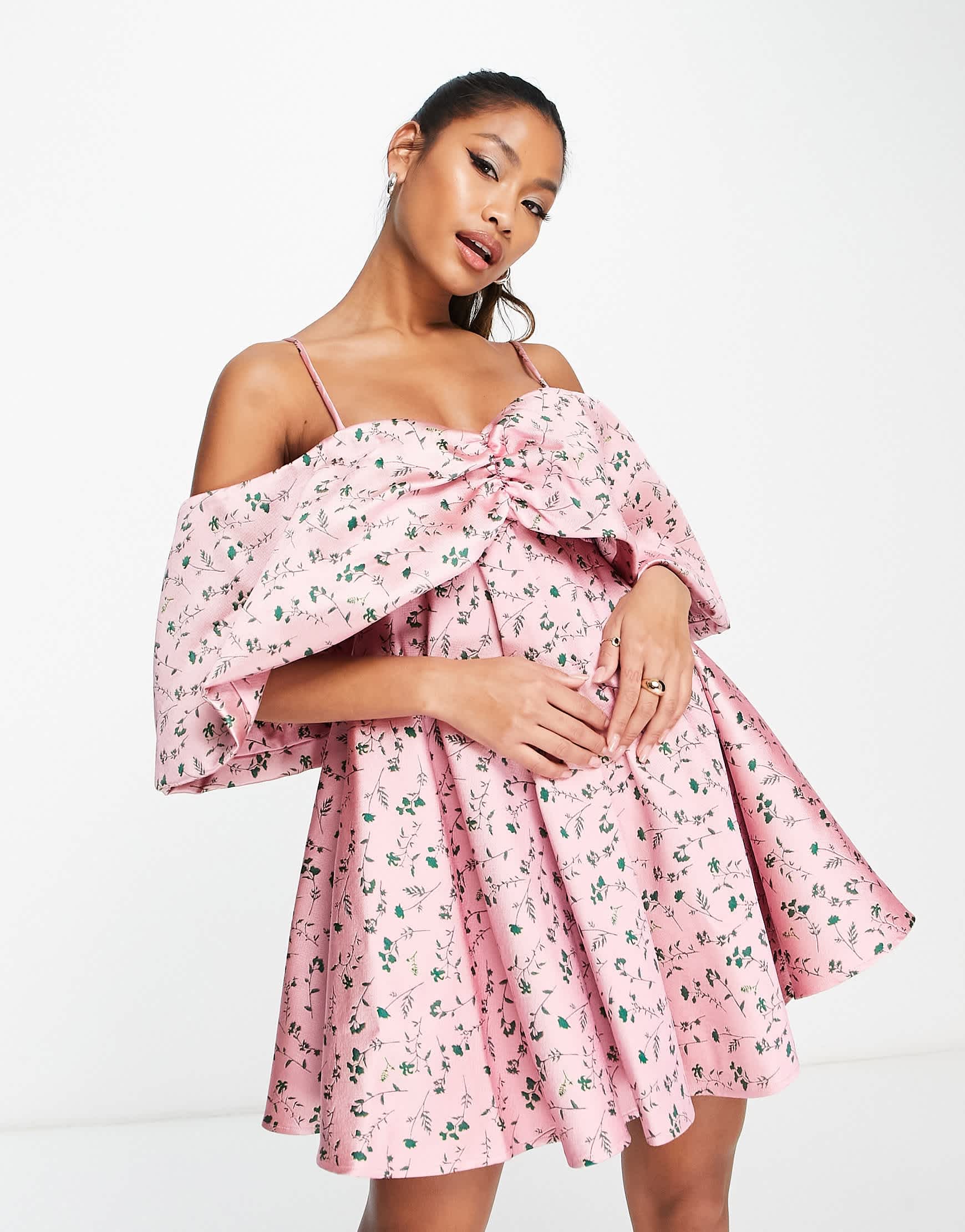ASOS EDITION off shoulder drape sleeve textured mini dress in pink floral jacquard