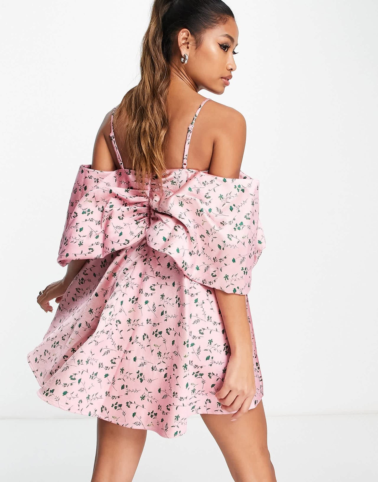 ASOS EDITION off shoulder drape sleeve textured mini dress in pink floral jacquard