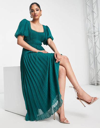 ASOS DESIGN puff sleeve pleated dobby midi dress with scallop trim in forest green