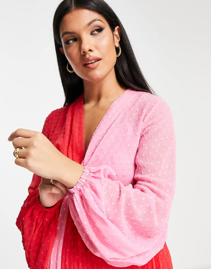 ASOS DESIGN Maternity dobby twist front pleated midi dress in red and pink colourblock