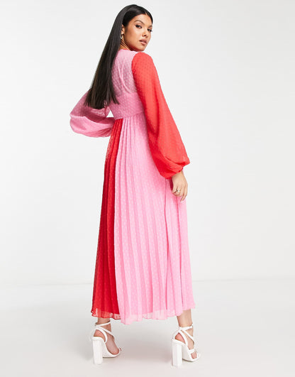 ASOS DESIGN Maternity dobby twist front pleated midi dress in red and pink colourblock