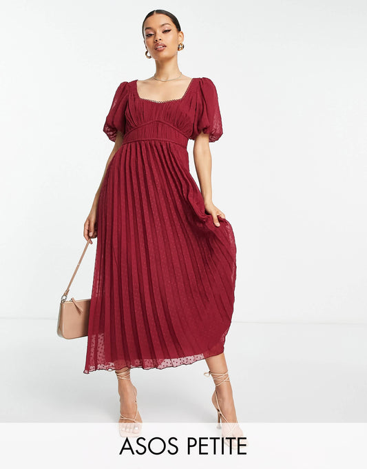 ASOS DESIGN Petite puff sleeve pleated dobby midi dress with scallop trim in burgundy