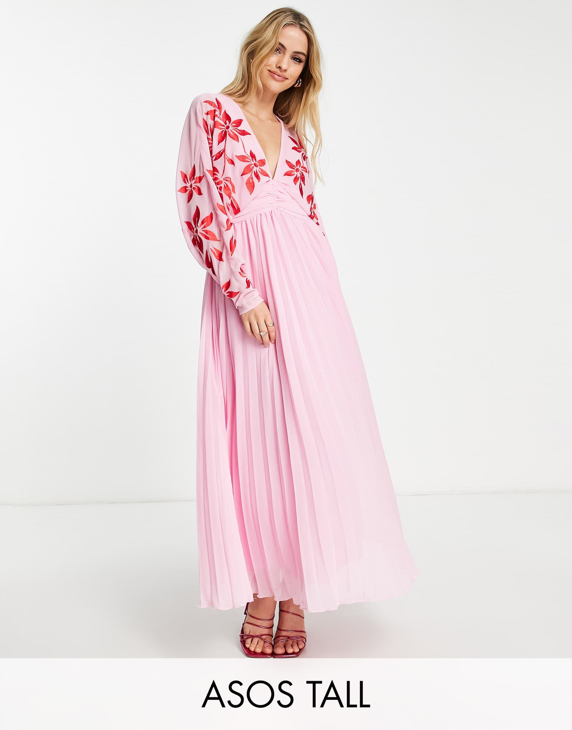 ASOS DESIGN Tall batwing plunge pleated maxi dress with embroidery in pink