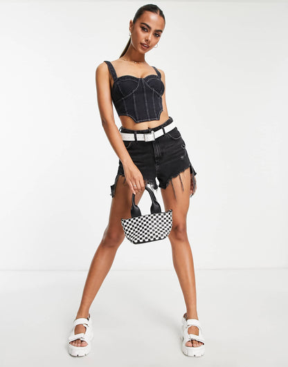 Miss Selfridge denim contrast stitch corset bralet top in black