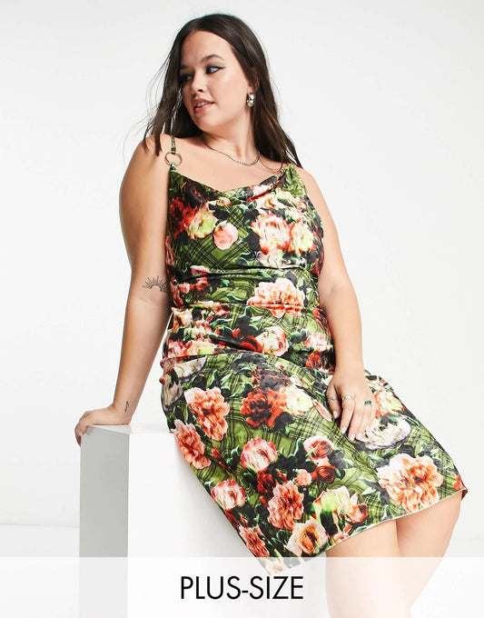 COLLUSION Plus cowl neck velvet floral printed midi dress in multi