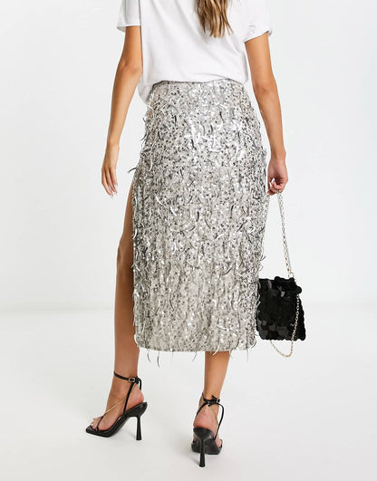 ASOS DESIGN embellished sequin midi skirt in silver