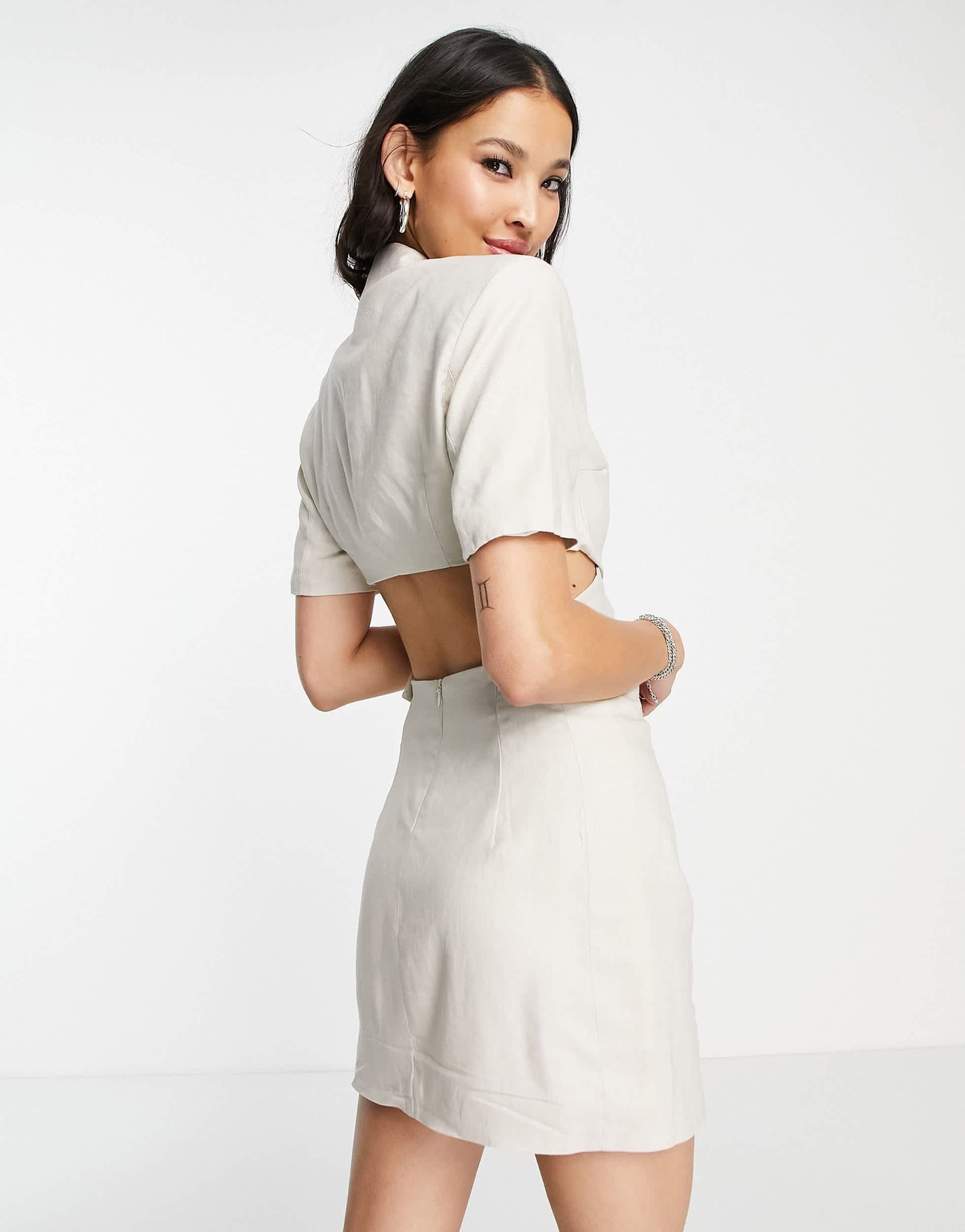 Bershka cross strap detail tailored mini dress in ecru
