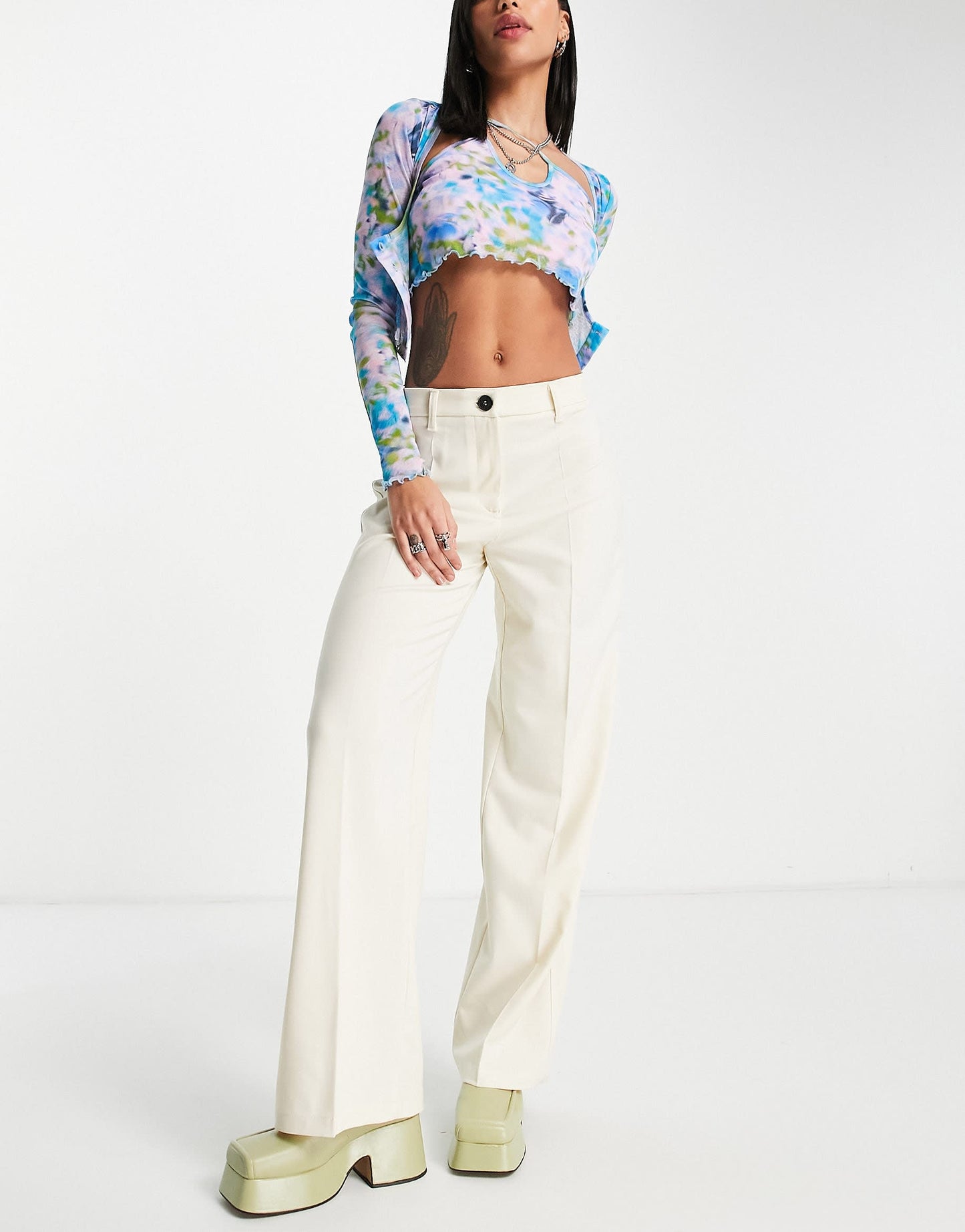 Bershka wide leg slouchy dad tailored trousers in off white