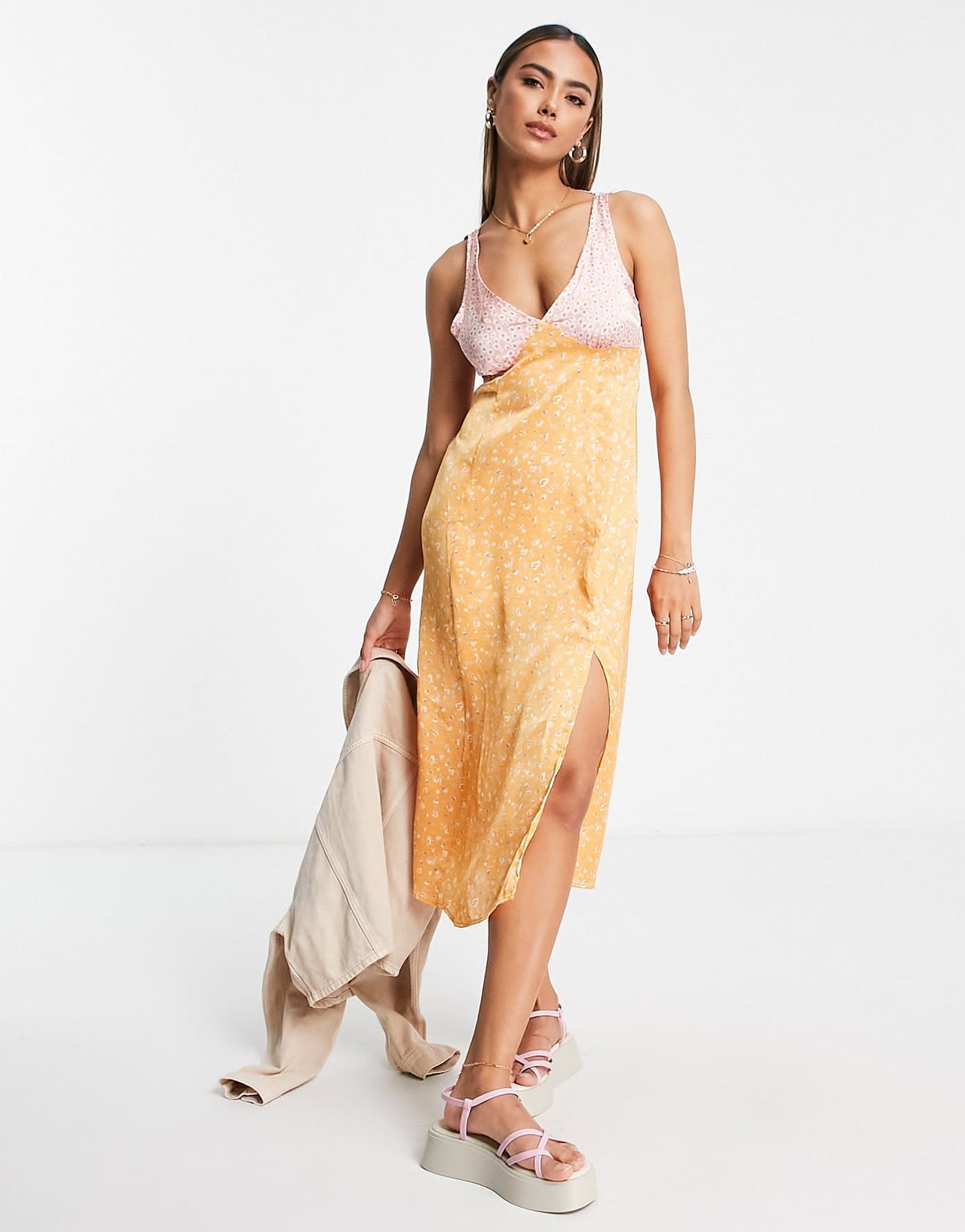 Stradivarius v neck satin midi dress in mix and match print