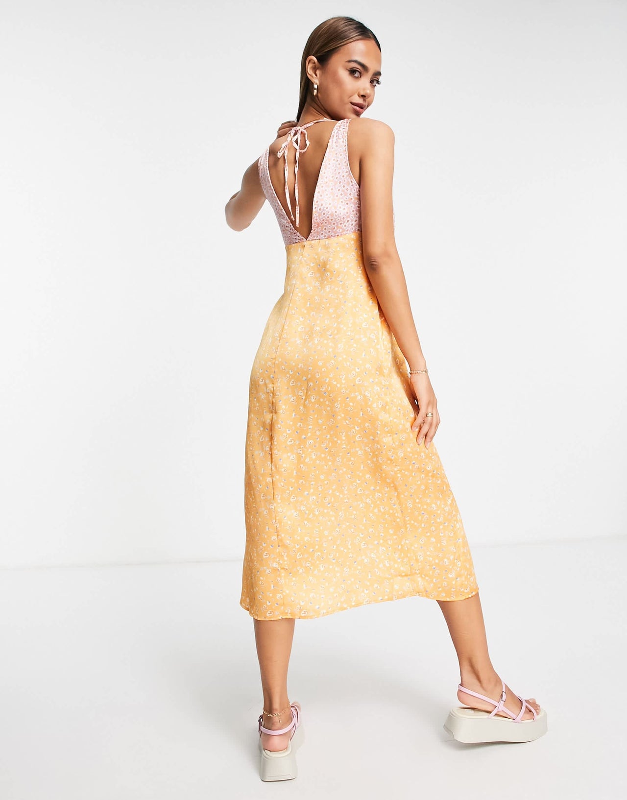 Stradivarius v neck satin midi dress in mix and match print