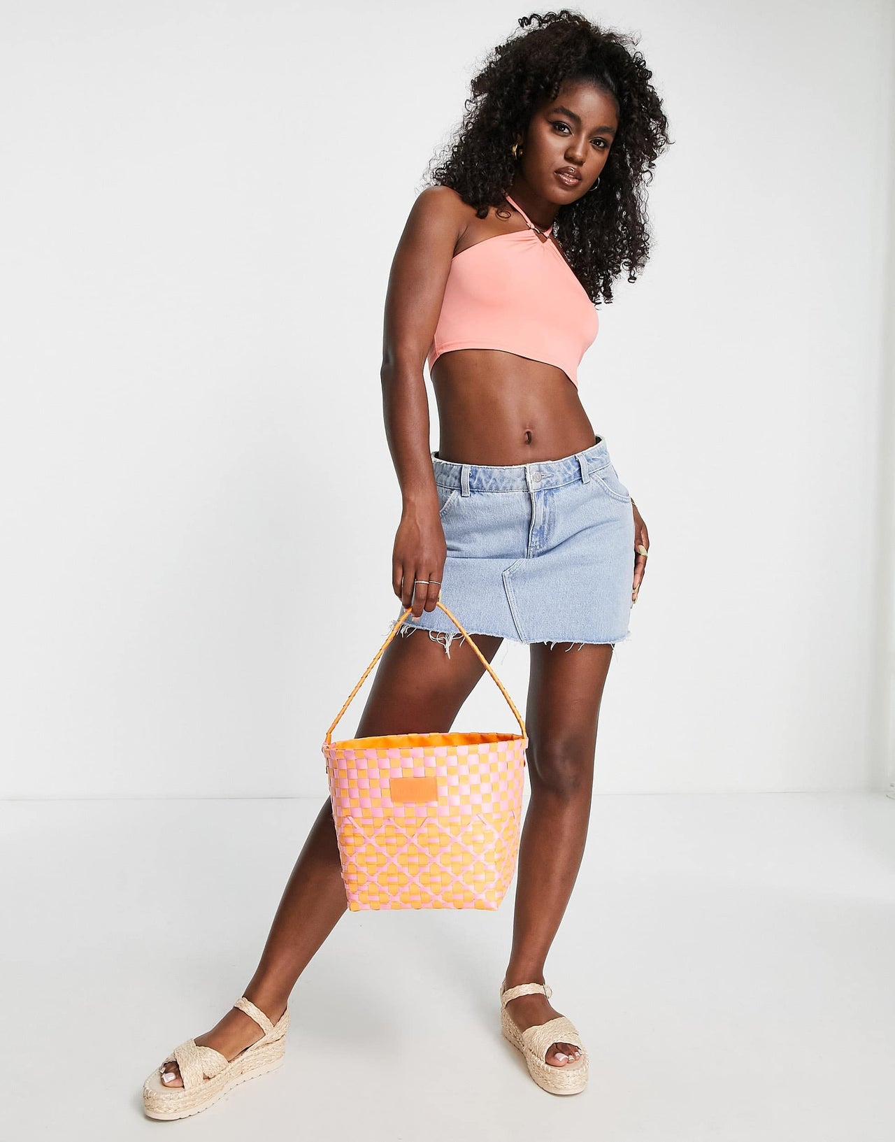 Stradivarius Y2K halter top with heart trim in peach