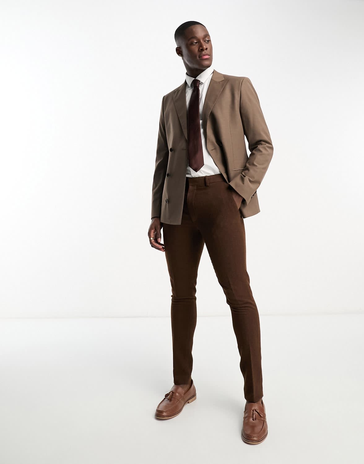 Harry Brown loose fit double breasted bamboo suit jacket in brown