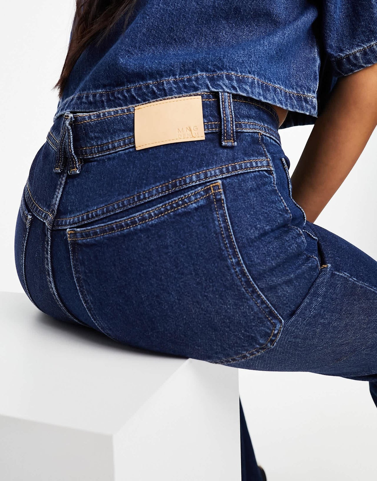 Mango low rise pocket detail flared jean in blue denim