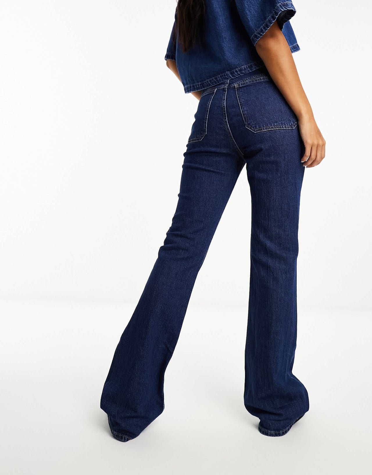 Mango low rise pocket detail flared jean in blue denim