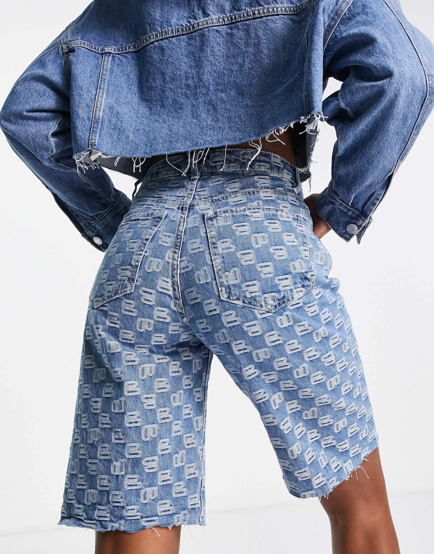 Bershka embossed logo bermuda shorts in mid blue