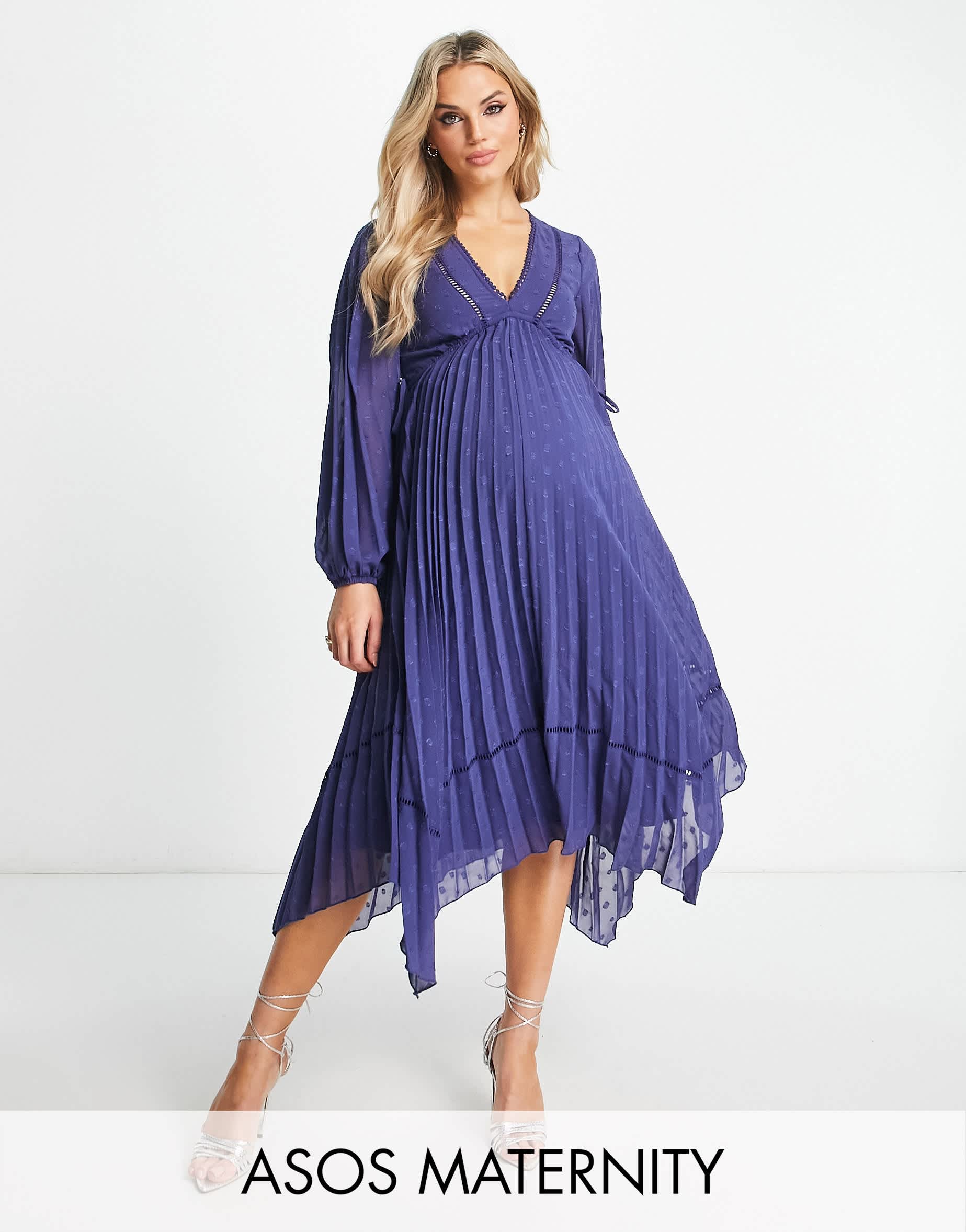 ASOS DESIGN Maternity v front trim detail pleated dobby midi dress in navy