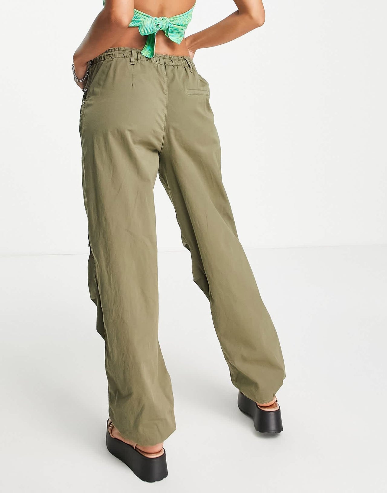 Bershka nylon cargo parachute trousers in khaki