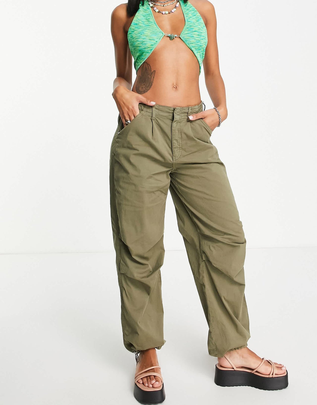 Bershka nylon cargo parachute trousers in khaki