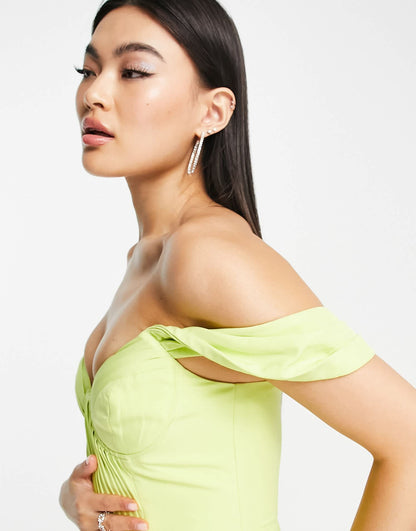 Lavish Alice pleat detail bardot midi dress lime green