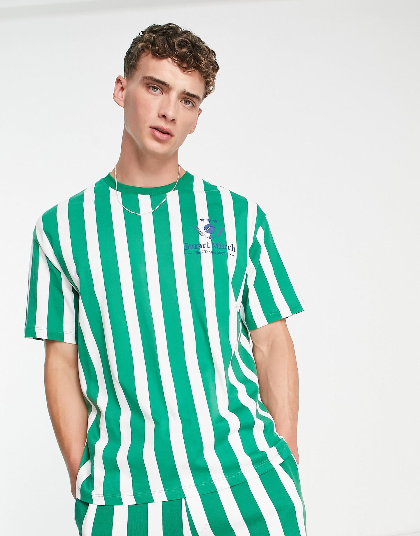 Bershka collegiate t-shirt co ord in green stripe