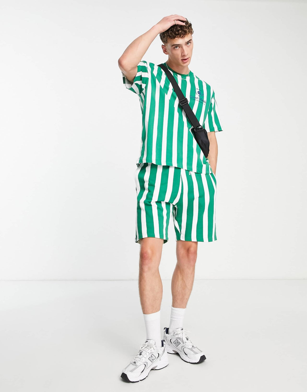 Bershka collegiate t-shirt co ord in green stripe