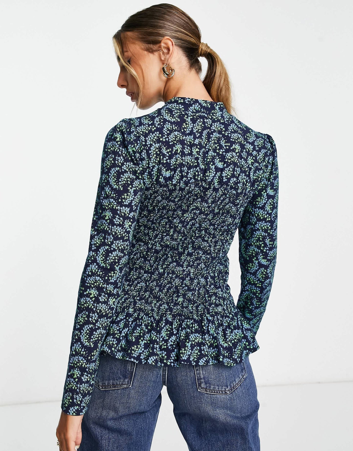 Whistles shirred blouse in blue star print