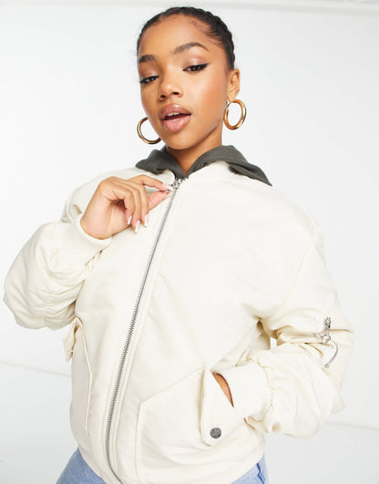 Miss Selfridge ruched sleeve bomber jacket in stone