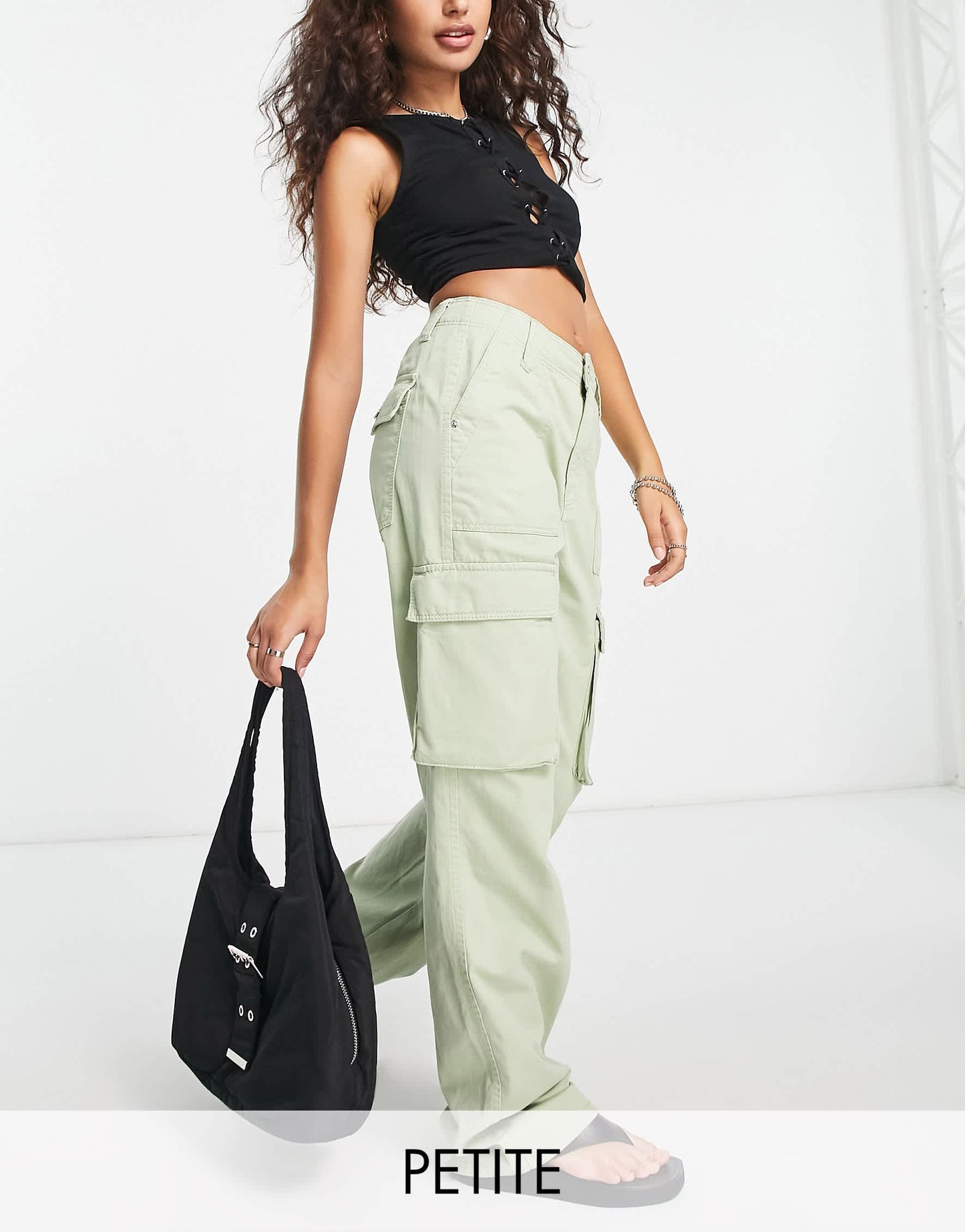 Bershka Petite pocket detail chino cargo trouser in khaki