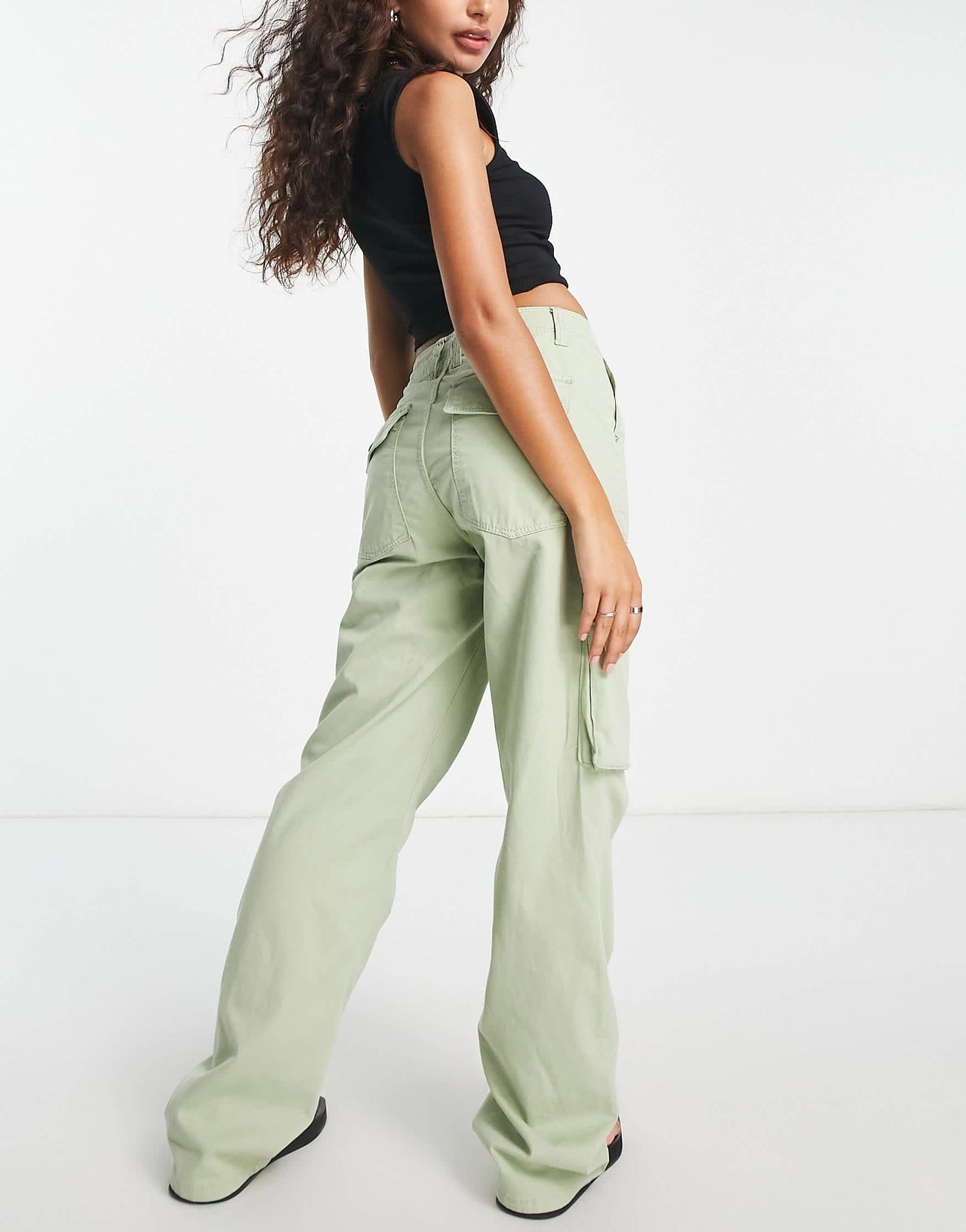 Bershka Petite pocket detail chino cargo trouser in khaki