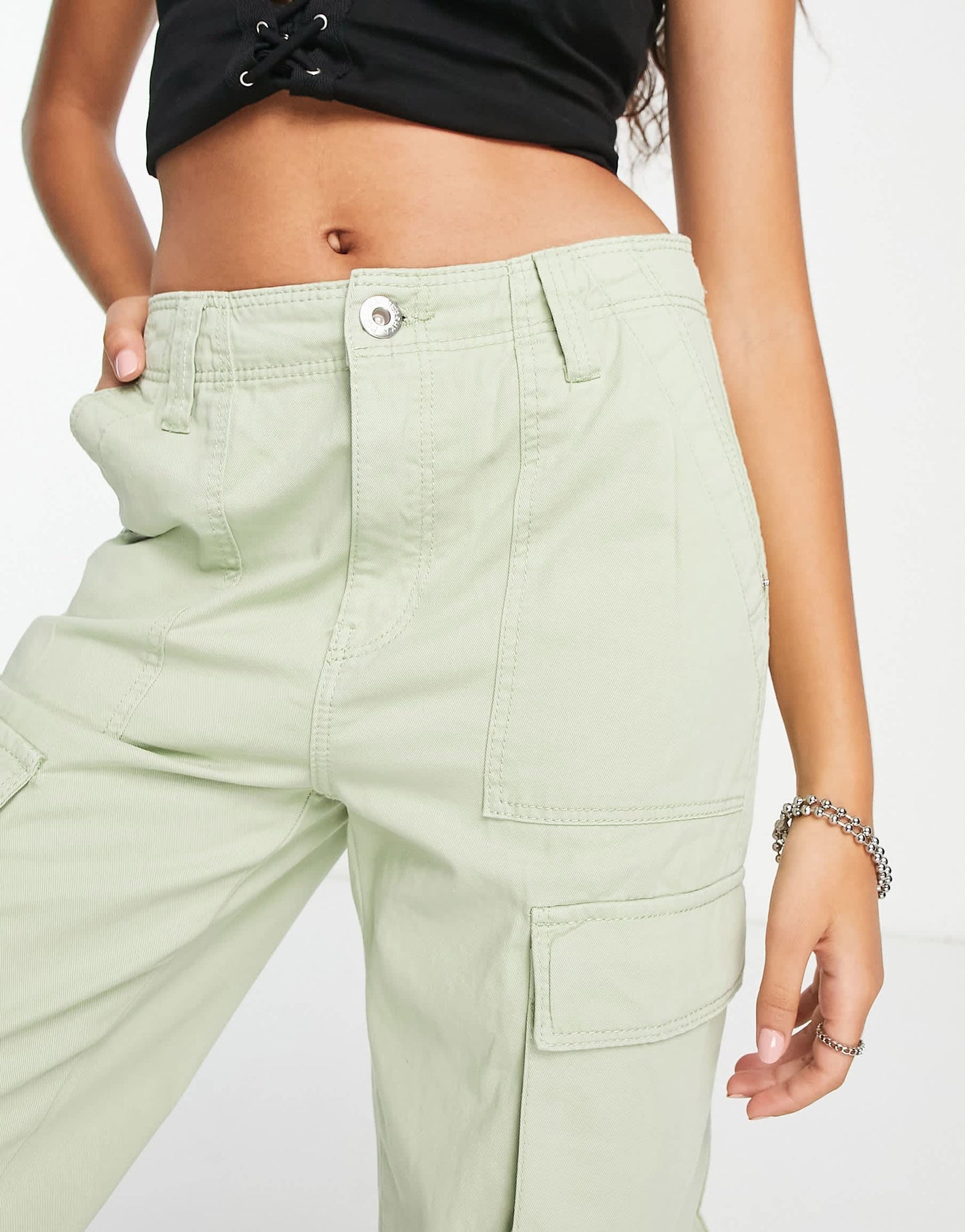 Bershka Petite pocket detail chino cargo trouser in khaki