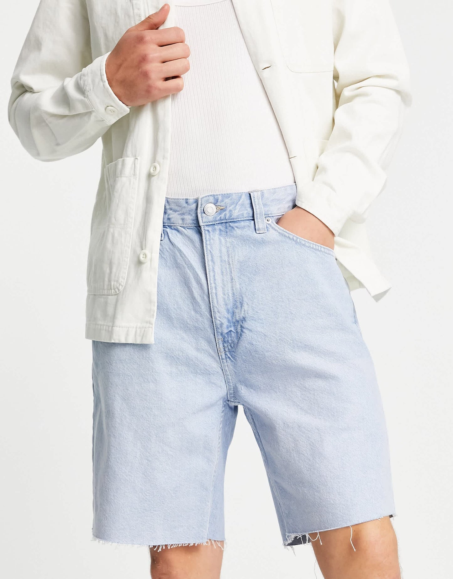 Bershka raw hem denim shorts in light blue