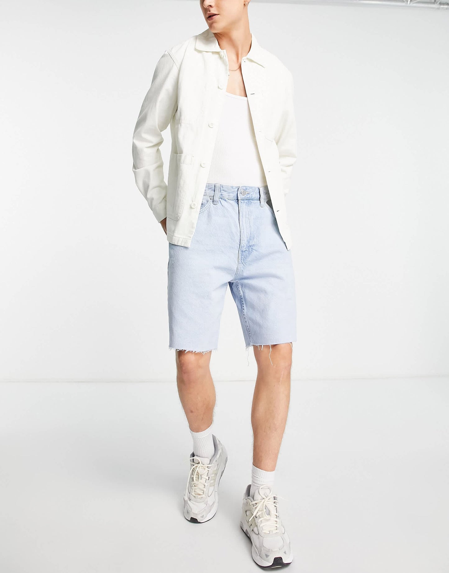 Bershka raw hem denim shorts in light blue
