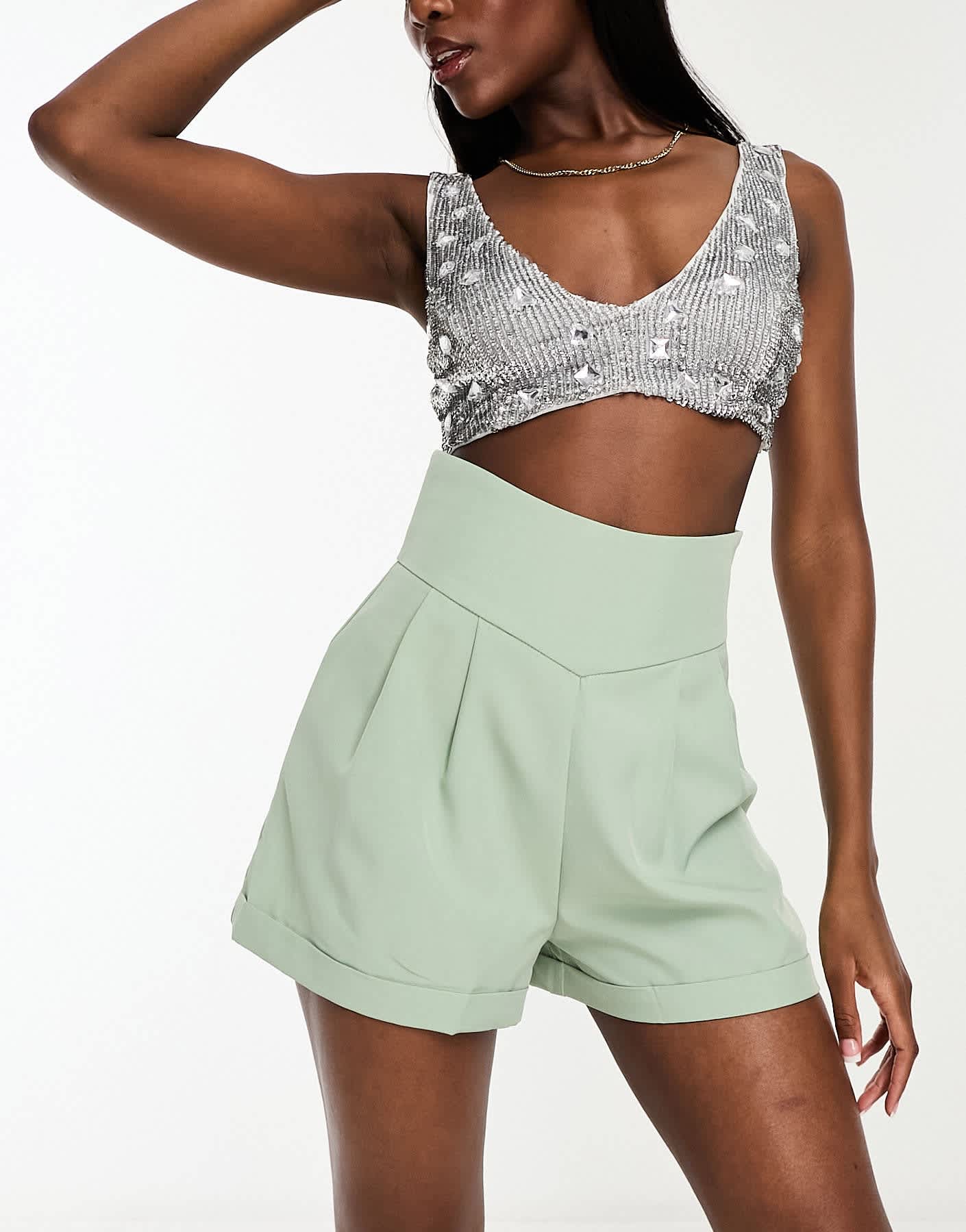 Rebellious Fashion tailored high waisted shorts in sage