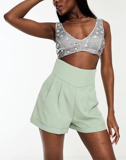 Rebellious Fashion tailored high waisted shorts in sage