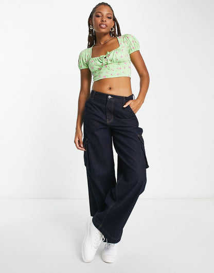 ASOS DESIGN short sleeve milkmaid crop top in green floral