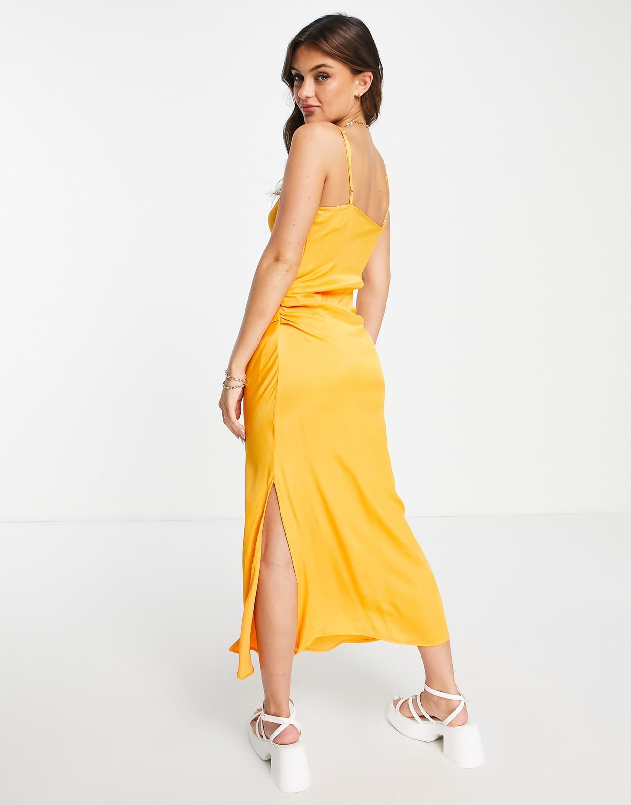 Stradivarius satin wrap midi dress in pop orange