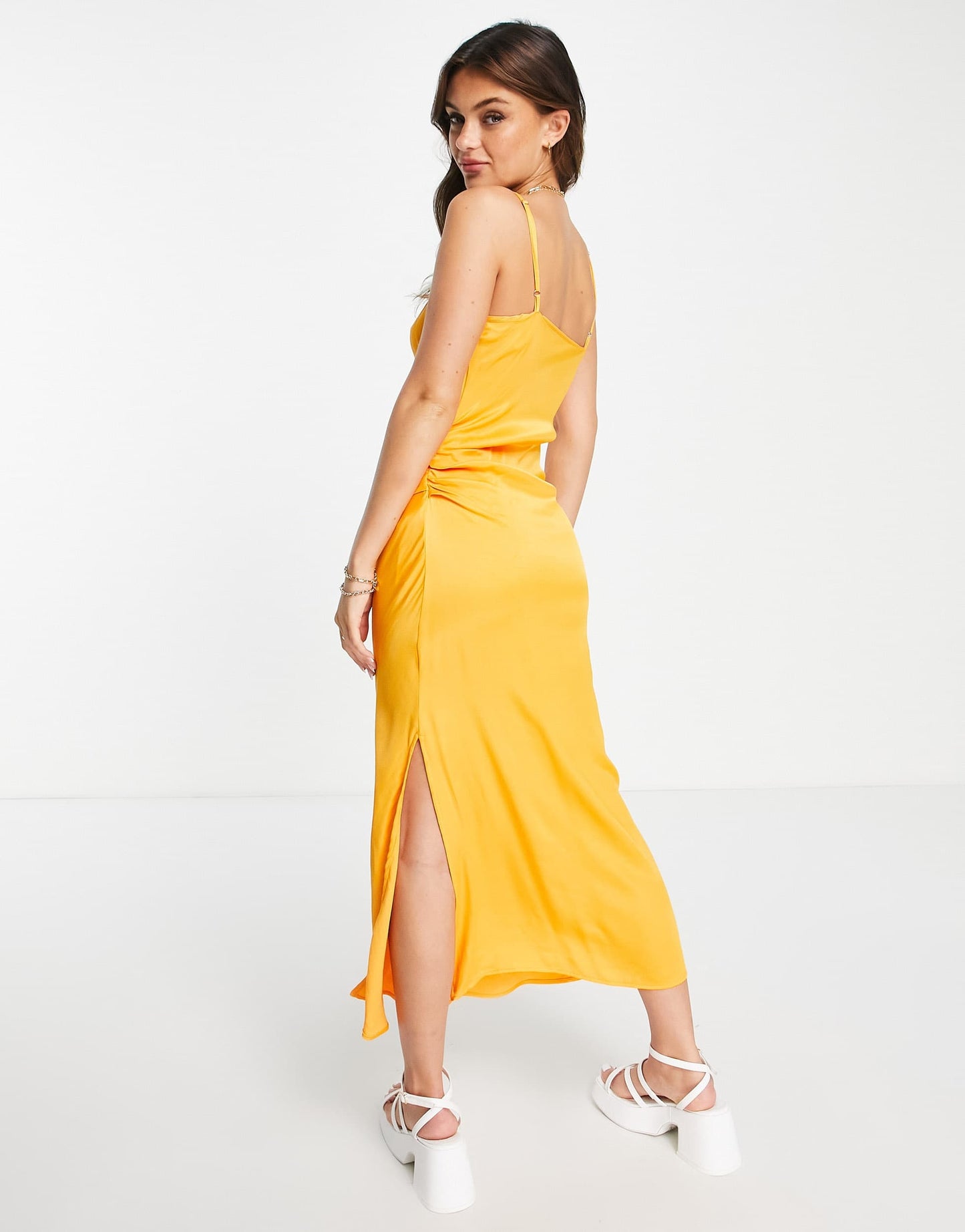Stradivarius satin wrap midi dress in pop orange
