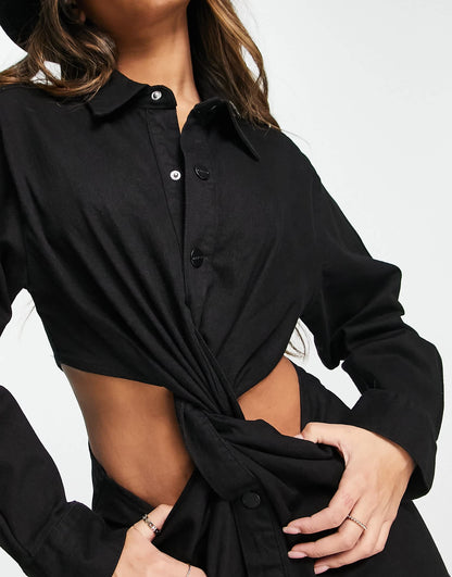 Waven cut out detail denim mini shirt dress in solid black