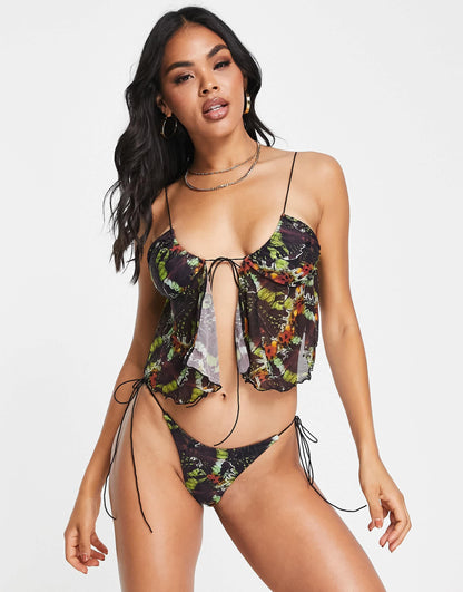 Jaded London crinkle bikini top with sheer panels in butterfly print