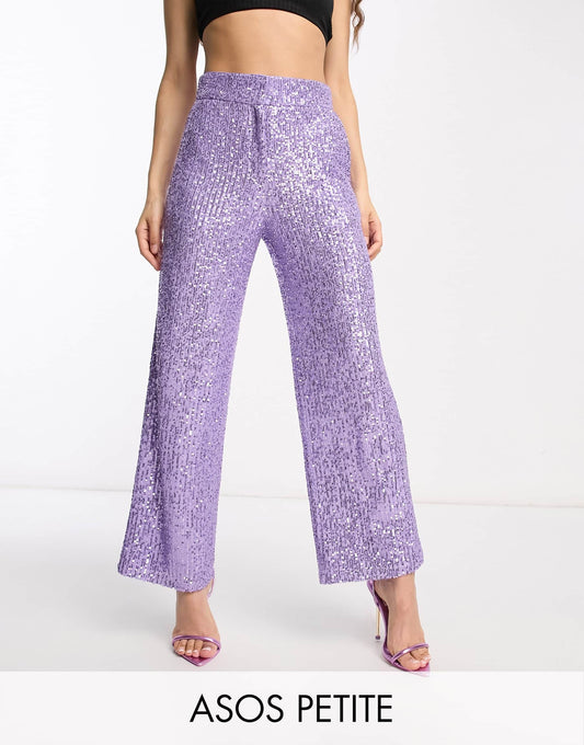 ASOS DESIGN Petite straight sequin ankle grazer trousers in purple