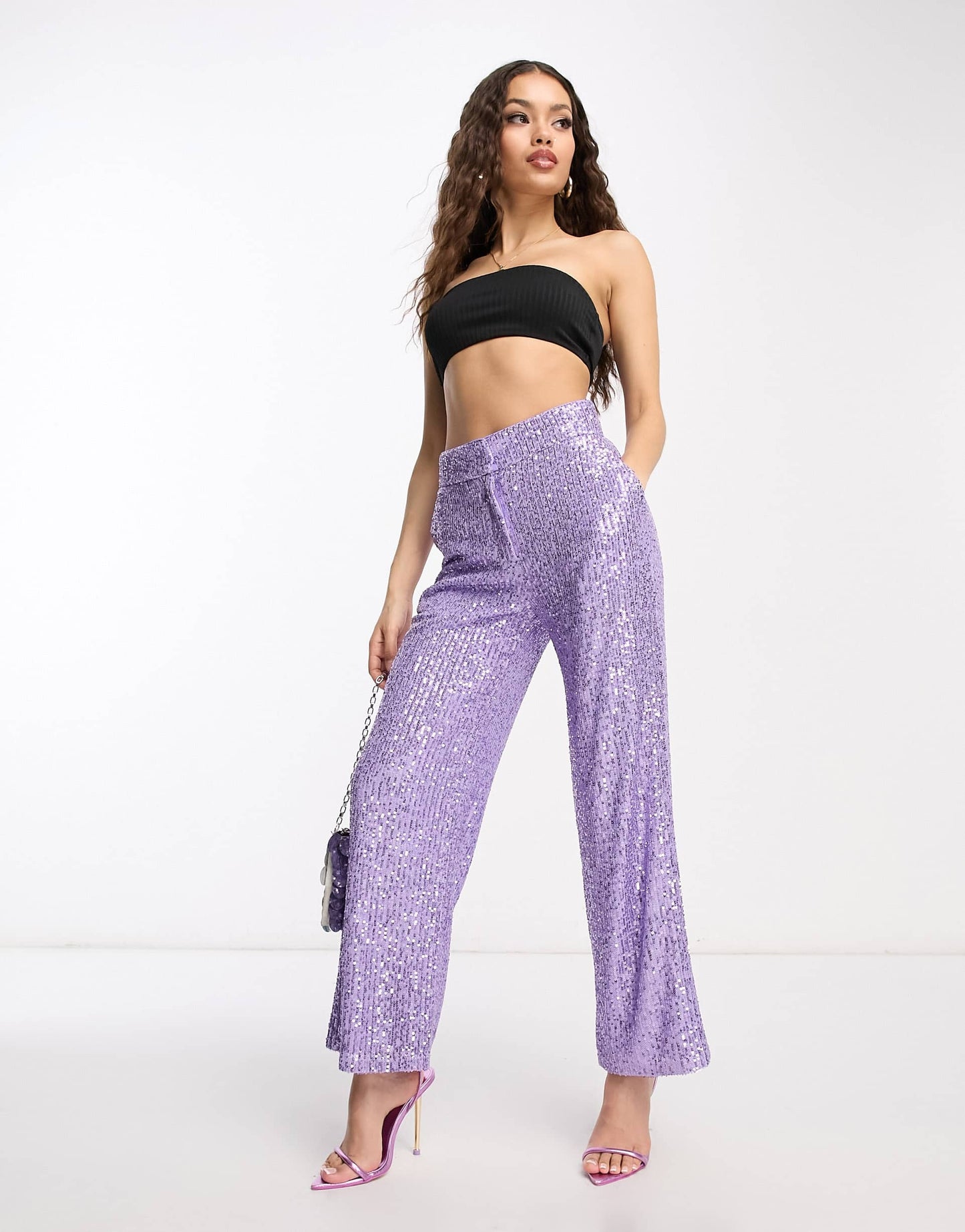 ASOS DESIGN Petite straight sequin ankle grazer trousers in purple