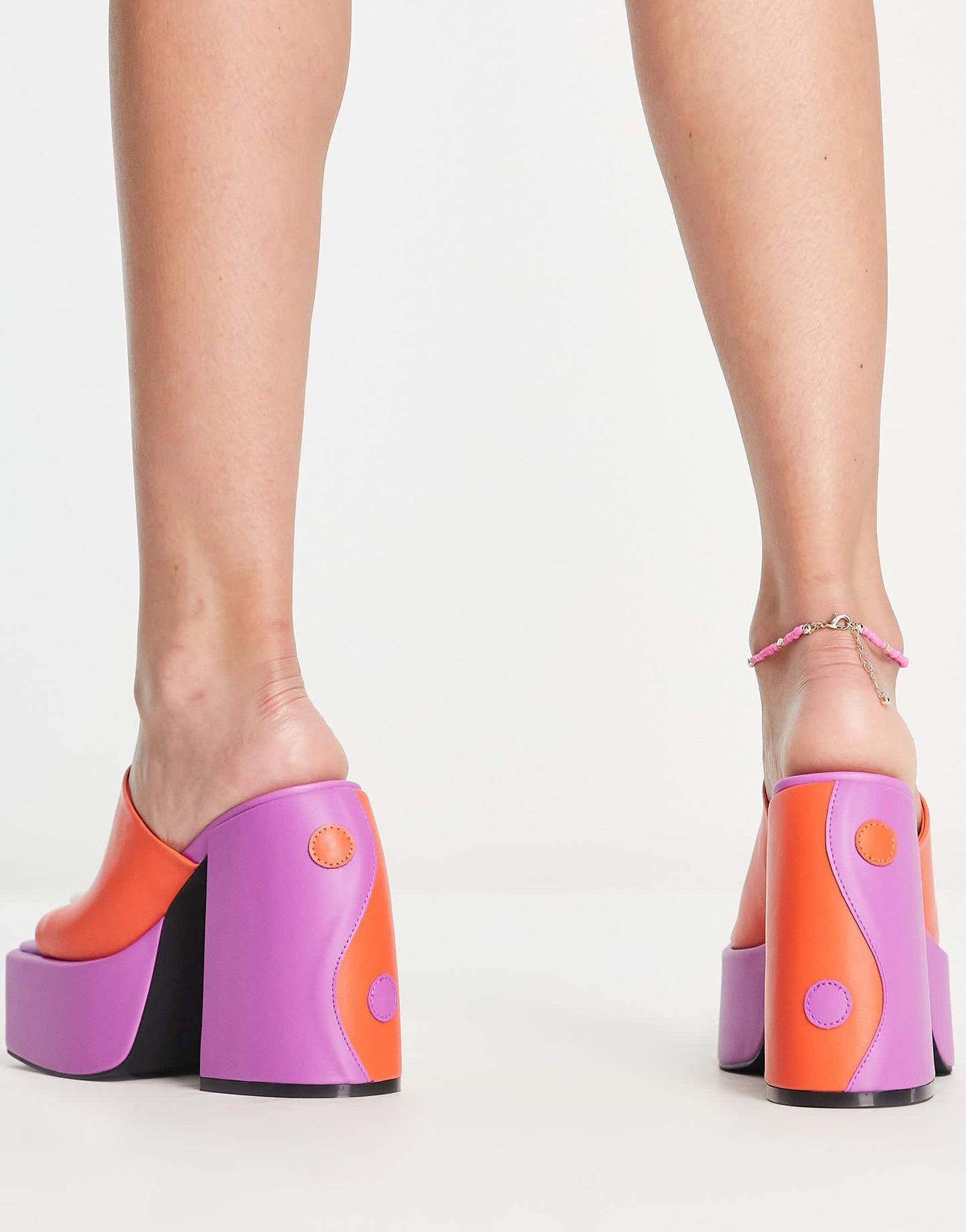 Daisy Street ying yang print heeled mules in purple and orange