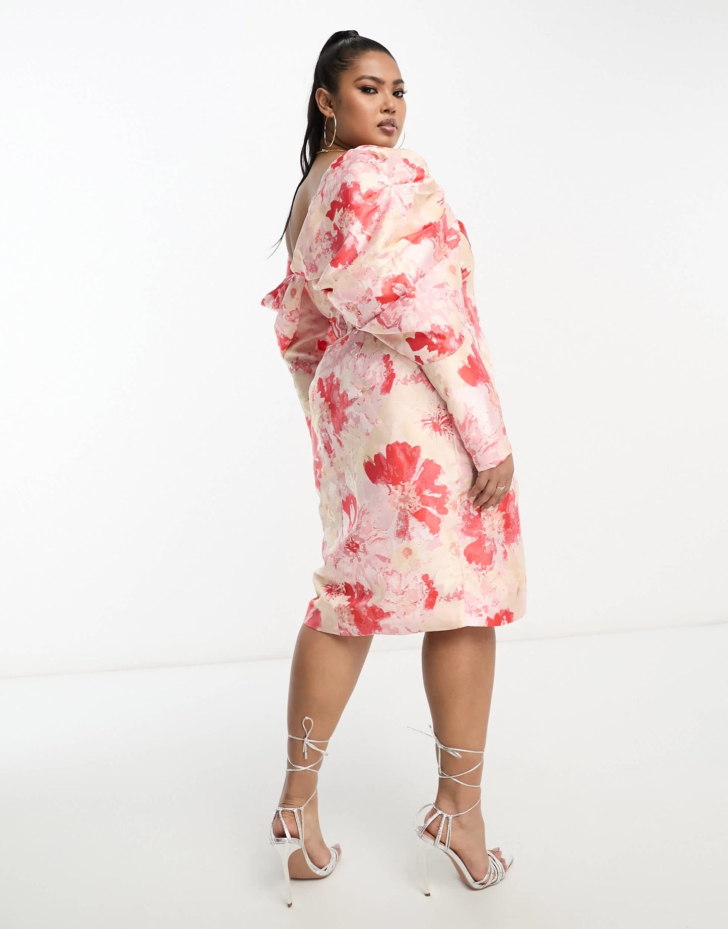 ASOS LUXE Curve fallen shoulder jacquard wrap mini dress in floral print