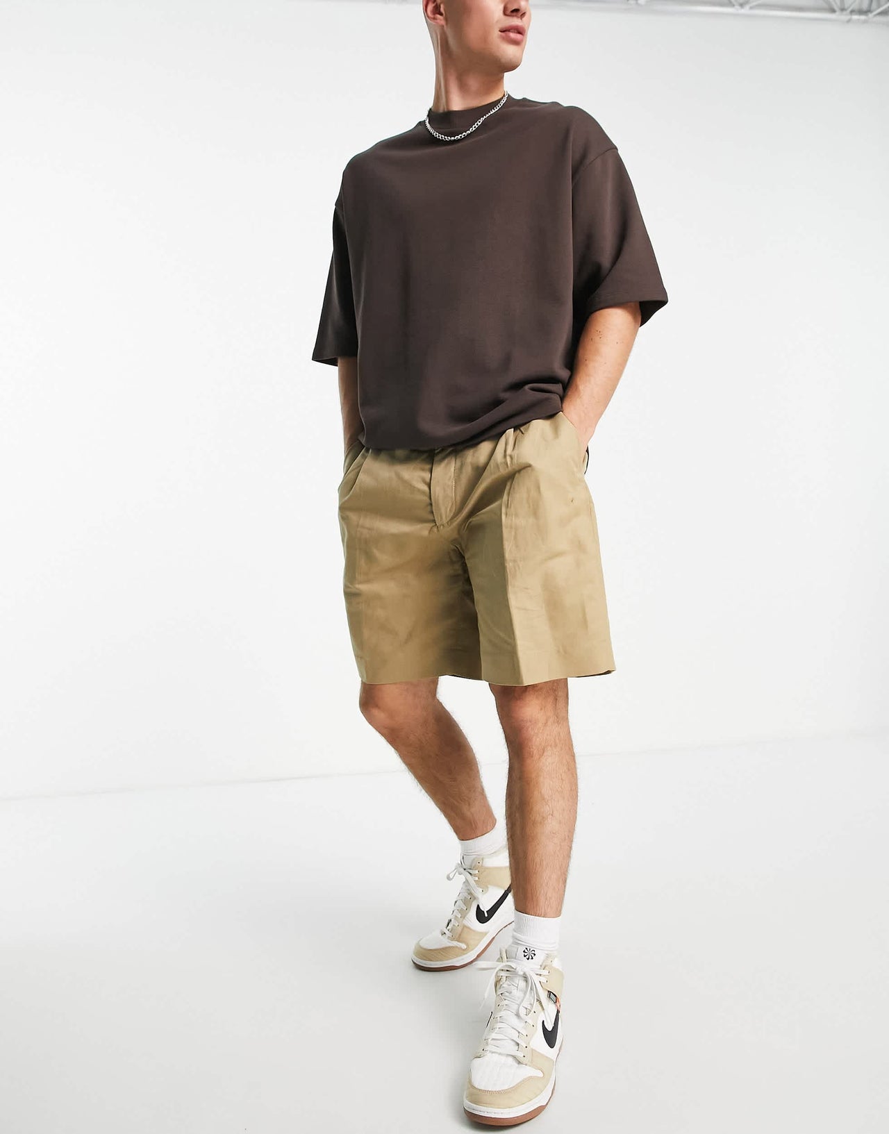 Pull&Bear pleated linen chino shorts in camel