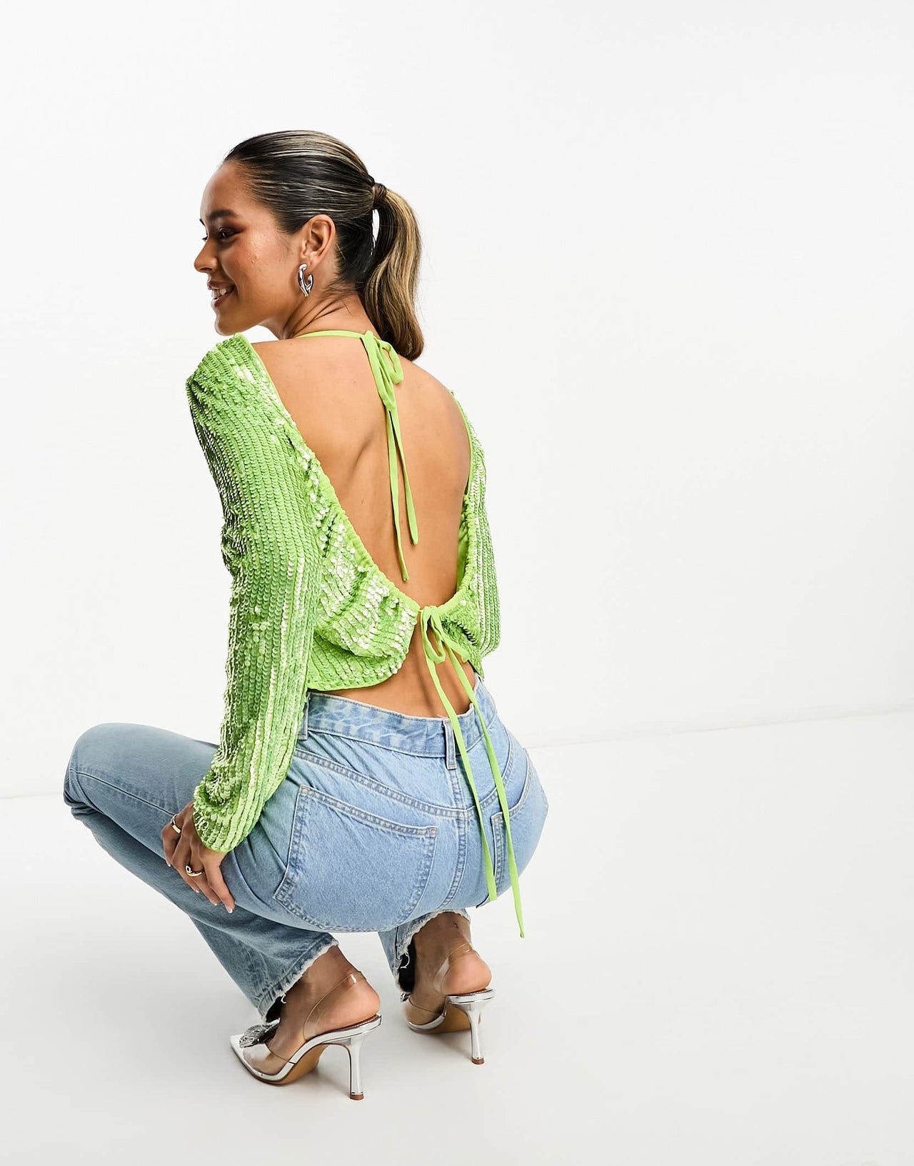 ASOS DESIGN high neck long sleeve embellished top with split hem & open back in bright green