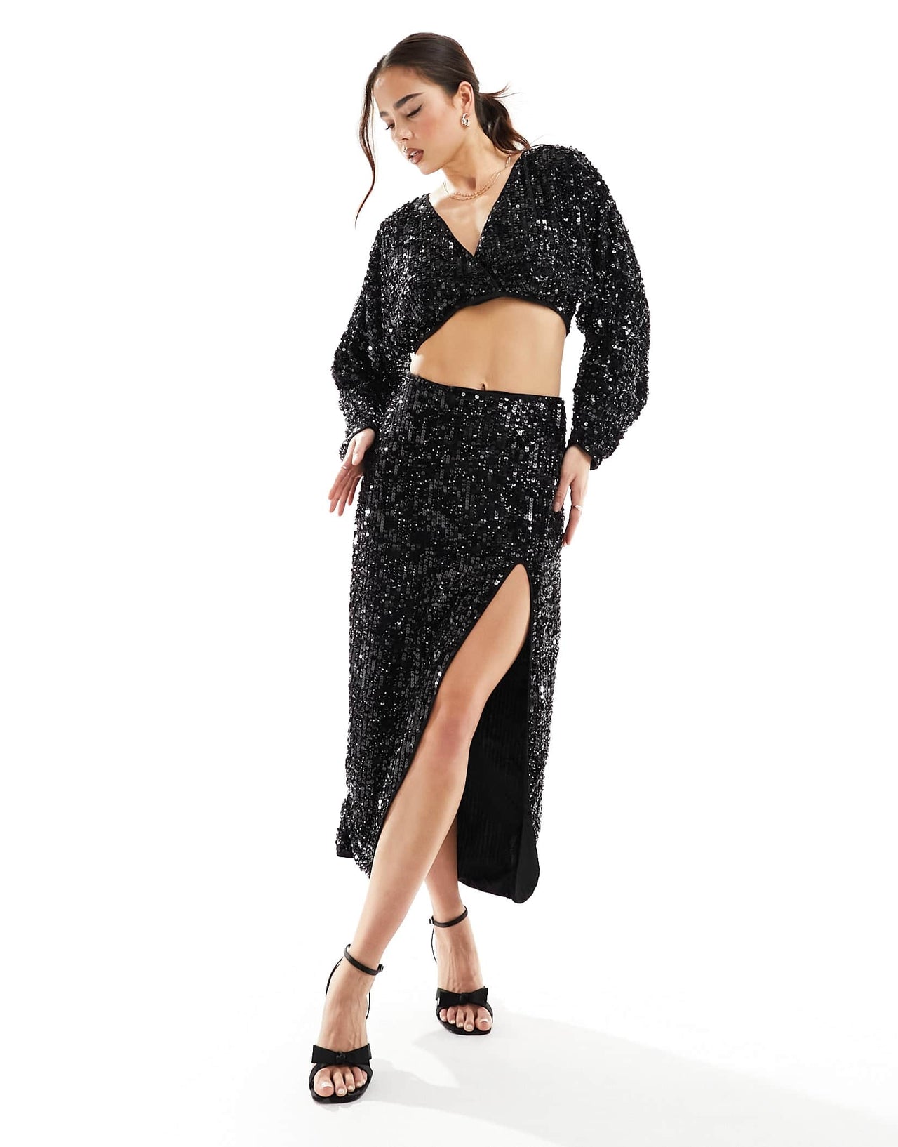 ASOS DESIGN sequin long sleeve batwing blouse co-ord in black
