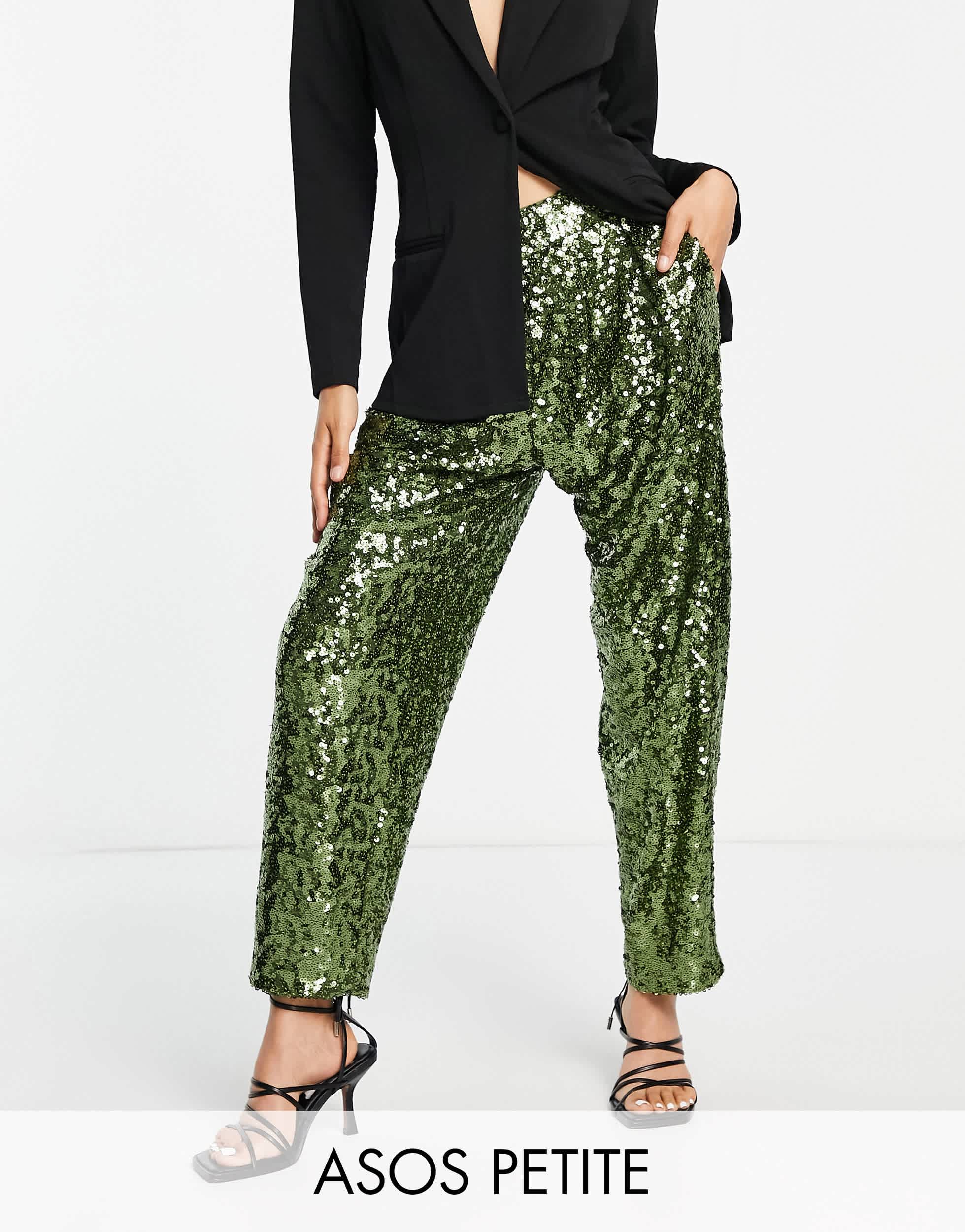 ASOS DESIGN Petite sequin slouchy trouser in khaki