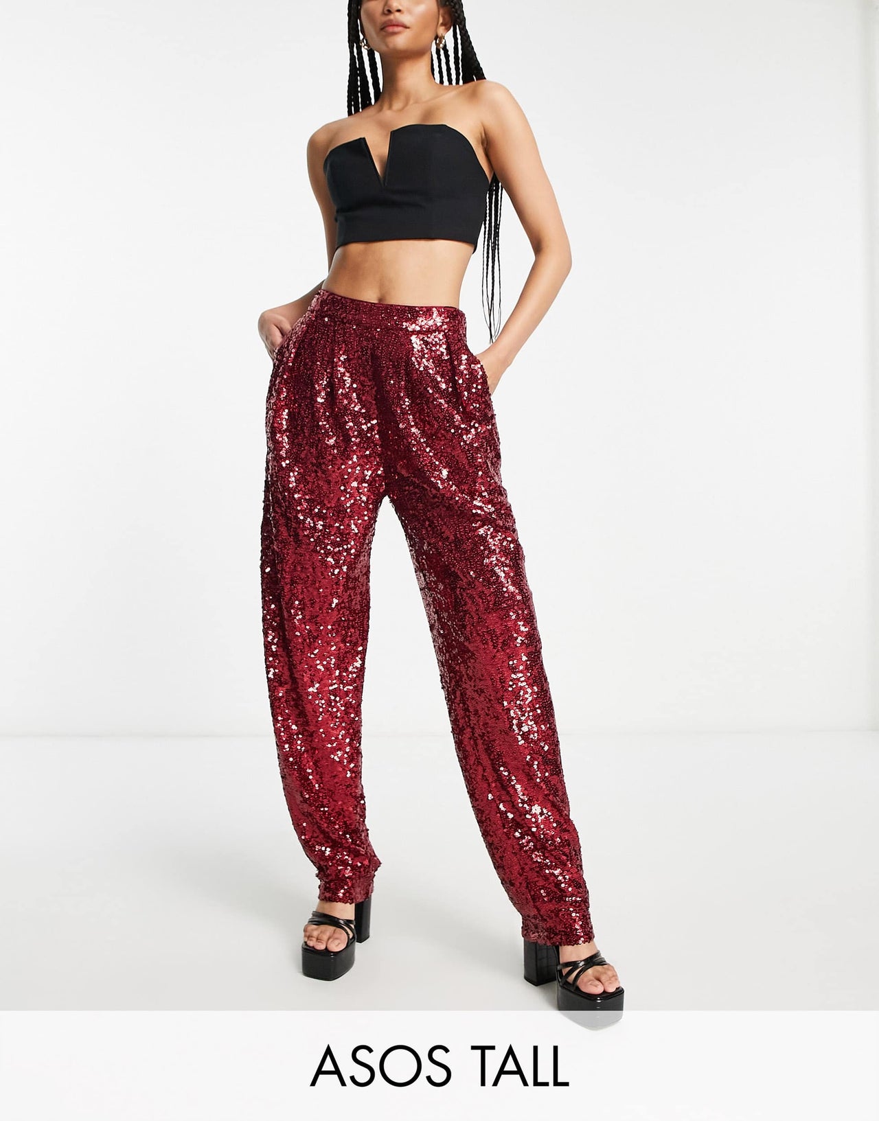 ASOS DESIGN Tall sequin slouchy trouser in ruby